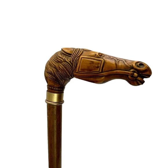Walking Cane Horse Head Resin Handle on Wooden Stick Equestrian Vintage Gift
